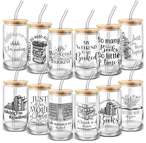 Domensi 12 Pcs Book Lovers Themed Gift 16 oz Glass Cups with Bamboo Lid Straw Library School Can Shaped Glass Cup for Women Men Teacher Readers Book Club Librarians Team Appreciation Gifts