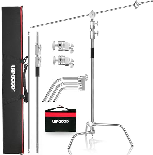 Lapgood C Stand Acero Inoxidable Heavy Duty con Brazo de Horca, Soporte en C 330 cm Soporte de Fotos Ajustable con Brazo de Sujeción de 128 cm C Trípode, Cabeza de 2 Asas, Bolsa de Arena