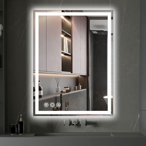 Memobarco LED Mirror for Bathroom 20x 28 with Frontlit and Backlit, Anti-Fog Mirror with Lights, Stepless 3 Colors Temperature & Dimmable Bathroom Mirror, Memory Tempered Glass Mirror for Bathroom