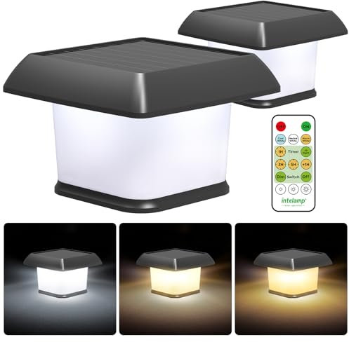 intelamp Solar Post Lights, 2 Pack Fence Posts Lights Solar Powered Remote Control, White, Neutral, Warm White, Waterproof Solar Post Cap Lights for 3.4x3.4 4x4 5x5 inch Wood/Vinyl Post Fence Garden