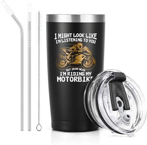 Livole in My Head I’m Riding My Motorbike, Funny Gifts for Men, Dad, Him, Colleagues, Motorcycle Motorbike Gifts for Men, Christmas Fathers Day Presents, 20oz 600ml Insulated Travel Mug with Handle