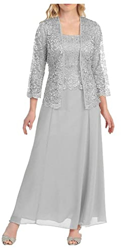 Women's Two Piece Lace Cardigan Dress Long Sleeve Chiffon Dresses for Party Wedding Mother of The Bride Suits with Lace Jacket Wedding Outfit Evening Gown Plus Size 22