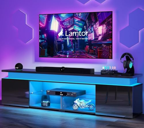Lamtor 188CM Modern TV-Stand with LED Light - High Gloss TV Unit for 85 75 65 Inch Televisions, Entertainment Unit with Power Outlet, TV Stand with Storage for Living Room, Black