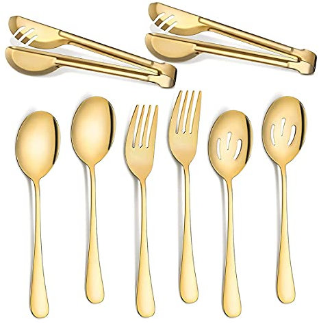 PAMENET Juego de cubiertos de acero inoxidable para servir, cucharas grandes para cocina (dorado, 8 piezas)