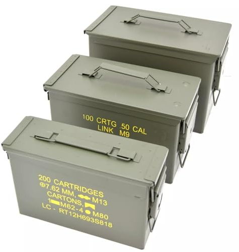 Set di contenitori per munizioni militari resistenti, struttura in metallo e verde militare; affidabile organizer per attrezzi, cassetta degli attrezzi con guarnizione in gomma; design impilabile per