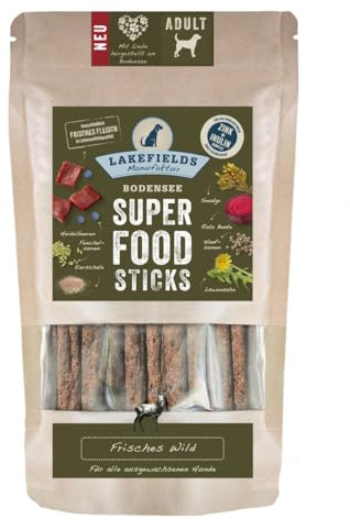 LAKEFIELDS MANUFAKTUR - SUPERFOOD - Premium Hunde Sticks vom Wild 61%, nährstoffreiche Hunde leckerlis, gesund & getreidefrei, Hunde Snacks mit Wildfleisch & Heidelbeeren, 1 x 130g, Größe:8 x 130 g