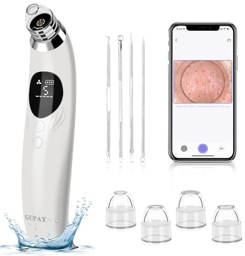 GUPAY Aspirateur de points noirs avec caméra HD 1080p - Nettoyeur de pores visible avec 4 têtes d'aspiration, 5 puissances d'aspiration pour boutons d'acné et points blancs