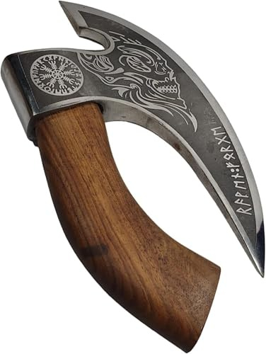 TATLA CRAFT Pizzaschneider Axt mit Totenkopf-Design – Handgeschmiedetes Pizzamesser aus Carbonstahl, Klinge 26 cm – Wiegemesser & Lederscheide Multi-Purpose Cutter… (Rosewood Handle)