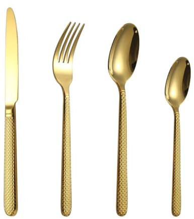 Set di posate in argento, 4/16/24/32/40/48 pezzi, posate in acciaio inossidabile con motivo in lino spesso, ristorante dell'hotel, coltello da bistecca per la casa, cucchiaio da dessert, oro, 4 pezz
