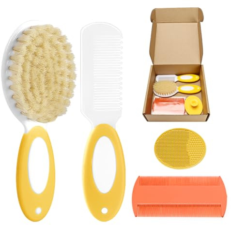 Baby Hair Brush and Comb Set, 4Pcs Baby Soft Bristles Brush Cradle Cap Brush Hair Comb for Newborns Toddlers Boys Girls (Yellow)