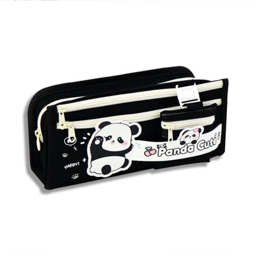 AQCQDQ Groß Panda Federtaschen mit 4 Fächer, Mäppchen mit Kleine Hängetasche, Große Kapazität Pencil Case, Federmappe für Mädchen, Jungen, Mäppchen Teenager (schwarz,22cm)