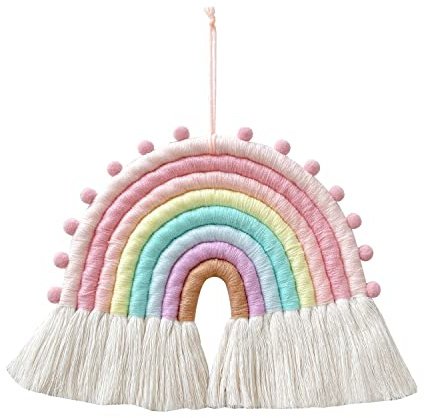 Makramee Regenbogen Wandbehang mit Quasten und Pompons für Kinderzimmer | Boho-Dekoration für Kinderzimmer, Mädchenzimmer & Wohnzimmer, Handgemachtes Wandkunst-Dekor, Mit Quasten und Pompons