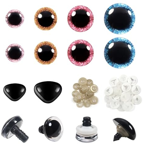 TOAOB 90 Stück 10 bis 16 mm Sicherheitsaugen und Sicherheitsnasen Bunt | mit Unterlegscheiben, Groß Puppenaugen Glitzer Tieraugen für Häkeltiere DIY Basteln Marionette Puppenherstellung