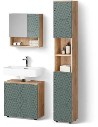 Livinity Badmöbel-Set Ronco Grün/Goldkraft Eiche | 3 Teile, mit Hochschrank