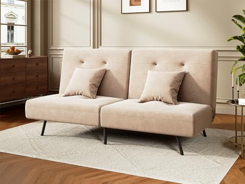 SUNXURY Sofa 180cm Schlafsofa mit Schlaffunktion, 2 Kopfkissen, 3 Verstellbare Winkel (100°-135°-180°), Bettcouch aus Stoff, Klappsofa, Khaki