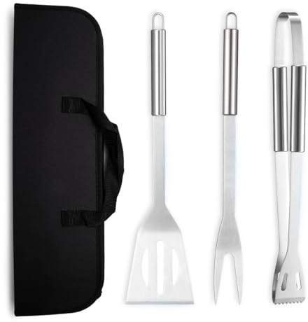 3-teiliges BBQ-Grillwerkzeug aus Edelstahl – mit Tasche | 3-teiliges BBQ-Grillwerkzeug-Set aus Edelstahl – Spatel, Grillgabel & Zange, mit Aufbewahrungstasche für Garten & Camping