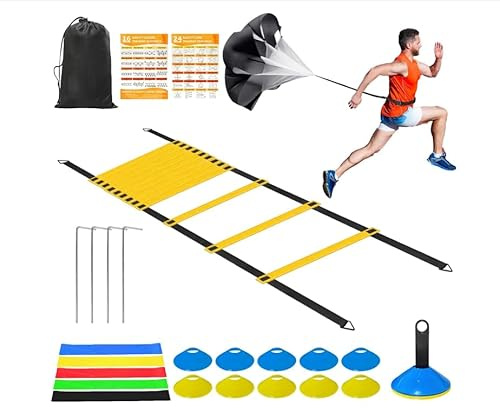 Panykoo Speed Agility Training Equipment Set - 20ft Agility Ladder, 10 Disc Cones, Resistance Parachute, 5 Resistance Bands & Carry Bag | Football Soccer Basketball Fitness Drills (Warm Yellow)