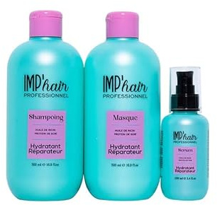 IMP'hair Professionnel Trio Soin Réparateur, Shampooing 500ml, Masque 500ml et Sérum 100ml, Huile de Ricin et Protéines de Soie, Hydratant Réparateur