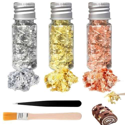 YIPFEN Foglia d'Oro in Fiocchi Set 3 Pezzi | Scaglie d'Oro Non Commestibili per Decorazione Torte, Pasticceria & Dessert | Foglia Decorativa Multifunzione per Cucina & Lavoretti | Solo Decorazione