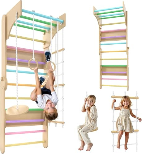 Sprossenwand für Kinderzimmer – 6-in-1 Indoor Kletterwand aus Holz mit Rutsche, Seil, Ringen & Schaukel – Platzsparend für Zuhause