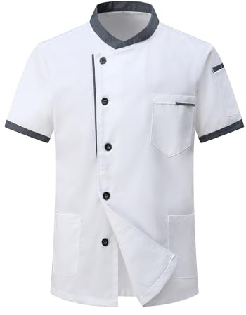 CoXuantion Giacca da Cuoco da Uomo in Cotone Traspirante Ristorante Divisa Maniche Corte Leggera Uniforme Cuoco Professionale Ristorante Giacca per Hotel Panetteria L,Bianco