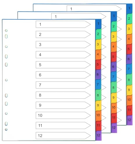 Thboxes Register für Ordner A4, 3er Set 1-12-Teilige Ordner Trennblätter | Nummeriert 1–12, Bunte PP Wasserabweisend Register A4 für Ringordner Hebelordner Aktenordner Büro Schule