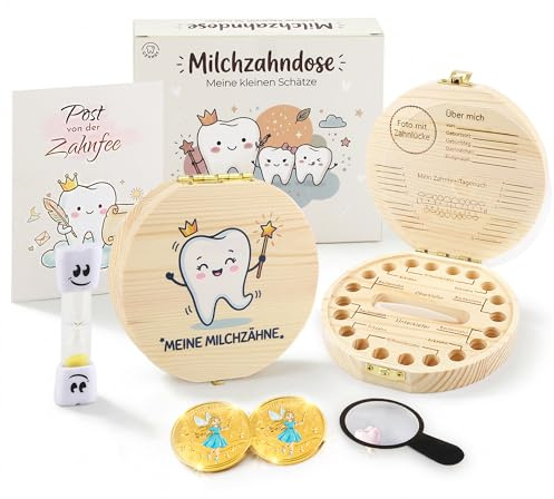 Gzxhsy Zahnfee Geschenk Set mit Milchzahndose, Zahnputz-Timer Sanduhr, 2 Zahnfee Münzen, Lupe & Brief - Zahnbox für Mädchen und Jungen zur Wackelzahnzeit (Lustiger Zahn)