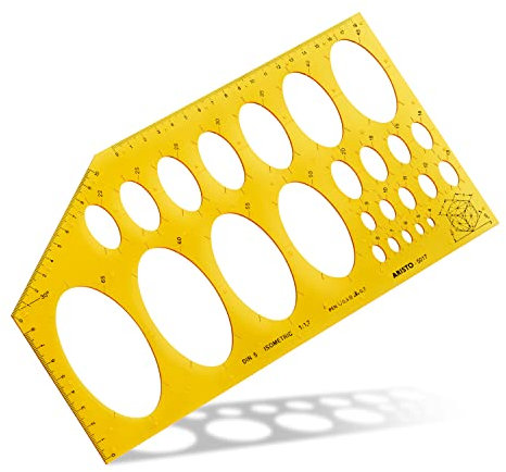 Aristo AR5017 Ellipsenschablone Isometric (25 Ellipsen auf isometrischen Achsen, Durchmesser 4 bis 65mm, Tuschenoppen, formstabiler Kunststoff) orange-transparent