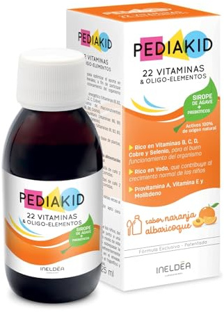 PEDIAKID - 22 Vitamines et Oligo-Éléments - Formule exclusive au sirop d'Agave - Fibres d'Acacia prébiotiques - Tonus - Renforce le système immunitaire - Goût orange abricot - Flacon de 125ml