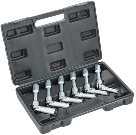 HÖGERT TECHNIK Glühkerzen-Schlüssel Set – 6-tlg. – 160 mm – mit Gelenk & Gummieinsatz – 3/8 Antrieb – CrV-Stahl – für Diesel-Motoren – 8–16 mm