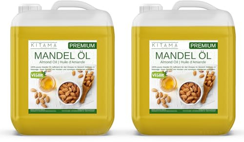 Kitama Mandelöl 10L (2x5L) - Reines Wellness Körperöl raffiniert | Ideal als Baby-Öl, Basisöl & Trägeröl. Sanfte Feuchtigkeit für natürliche Ganzkörpermassage daheim und Praxen