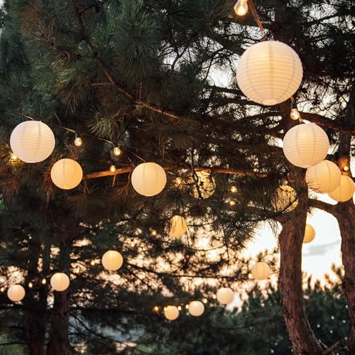 hellum LED Lampions außen warmweiß 12x, mit Fernbedienung Batterie Ø30cm | LED Lampions wetterfest für Hochzeitsdeko, Gartenparty, Balkon, Lampions outdoor weiß, Lampions outdoor 12xØ30cm 524512