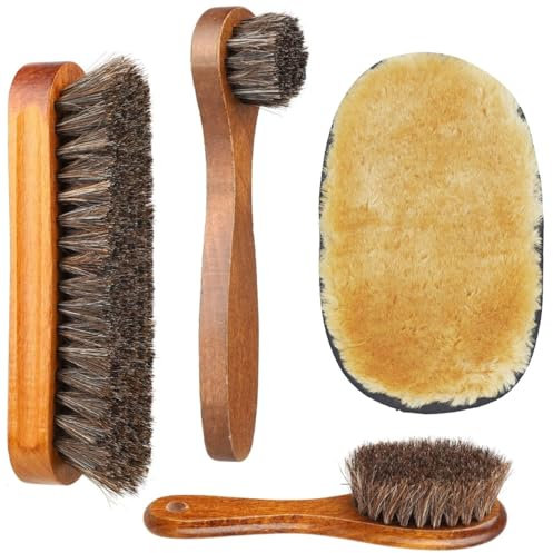 Shoe Brush Set - Horsehair Brush for Shoe Shine Polish Buff - 3 Pcs Shoe Polish Dauber Applicator Brushes + 1 Pcs Shoes Polish Cloth Glove