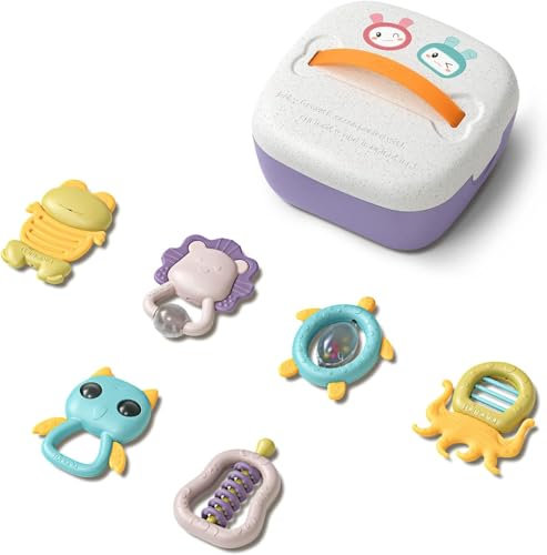 TUMAMA Baby-Rasselspielzeug mit Aufbewahrungsbox, 6 Stück, Säuglings-Shaker, Beißring, Greifen und Spin Rasseln, frühkindliche Bildung, Neugeborene, für 3, 6, 9, 12 Monate.
