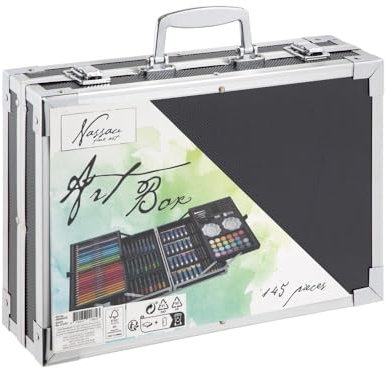 Nassau Fine Art Malkoffer | 145-teiliger Kunstzeichenkasten in Metall-Aufbewahrungsbox| Kreativitätsbox für Kinder und Erwachsene | Buntstifte, Aquarellfarben, Pastellkreiden | Hobby, Schule & Beruf