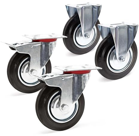 Wiltec Kit 4x Roulette – 2x Pivotantes double arrêt et 2x Fixes – Diamètre 200 mm – Capacité 150 kg/roue – Charge lourde, Caoutchouc plein Transport Meuble
