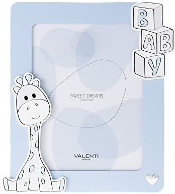 VALENTI & CO. - Cornice Porta Foto celeste in legno con Giraffa, da Tavolo o da appendere come decorazione in cameretta, idea regalo per Neonato e Bambino - 18x24