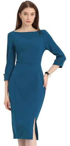 Allegra K Robe mi-longue élégante col bateau manches 3/4 pour femme, bleu lac, L