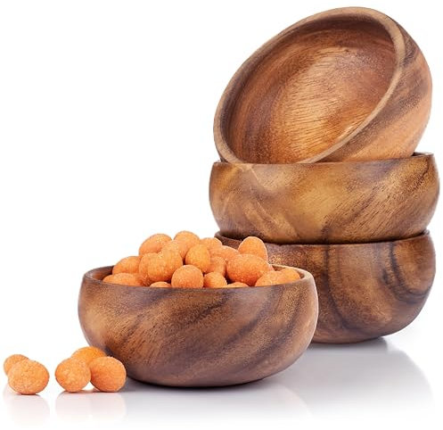 cintika Set of 4 Round Acacia Calabash Bowls - 4 Inch Handmade Wooden Bowl Set for Nuts, Small Snacks, Sauce and Dipping