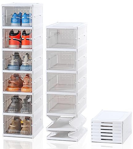 ELUCHANG Schuhboxen Stapelbar Transparent, Installationsfrei 6er Pack Schuhbox, Faltbar Schuhaufbewahrung mit Tür für Schrank Wand Turnschuhe Stöckelschuhe, bis Größe 45,weiß