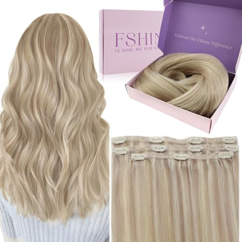 Invisible Extainsons Clips in Echthaar 30cm 50g 3 Stücke Clip in Extensions Echthaar Aschblondes Highlight mit Bleichblond Farbe 18P613