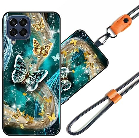 JEZSTHAI Case Compatible with Samsung Galaxy M33 5G Cover with Pattern Design,Soft Shockproof TPU Silicone Protective Cover with Universal Adjustable Neck Cord Strap/Phone Lanyard,Style*A04