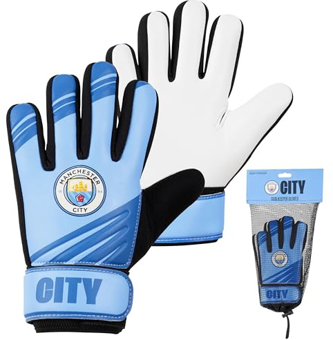 MANCHESTER CITY FC Torwarthandschuhe Kinder Jungen mit rutschfestem Grip, Goalkeeper Gloves Größe 5 oder 7 - Fußball Zubehör (Größe 5)