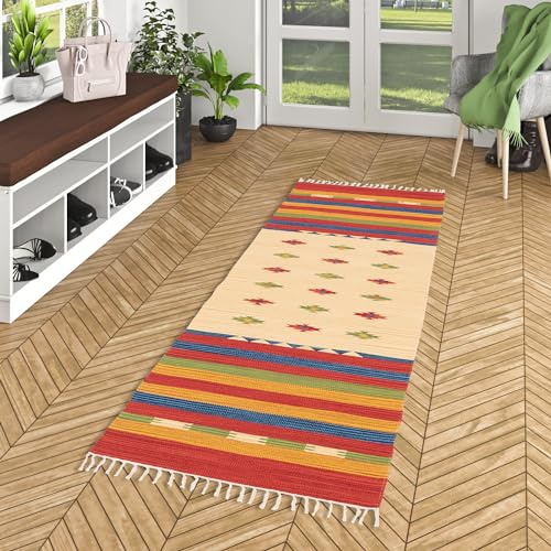Baumwolle Natur Kelim Teppich Läufer für Flur und Küche Lina Rot Trend