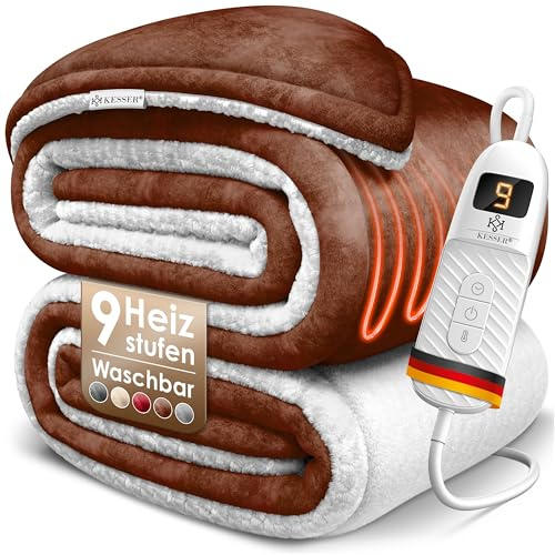 KESSER® Heizdecke mit Abschaltautomatik 160x120cm Doppelseitig Elektrische Wärmedecke | Kuscheldecke Bett, Sofa | 9 Temperaturstufen | waschbar bis 40°C | mit Timer Digitalanzeige Braun