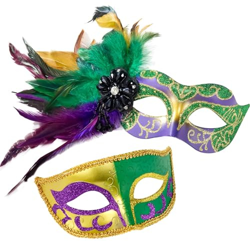 MYSEUNI 2024 Neue Maskerade Maske mit Feder für Paare - Damen Maskerade Maske mit Feder & Männer Venezianische Kostüm Maske