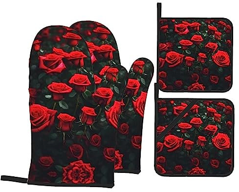 4-teiliges Set mit rutschfesten Handschuhen und Grillhandschuhen, isolierten Ofenhandschuhen und Stoffhaltern, ideal zum Kochen und Backen, viele rote Rosen