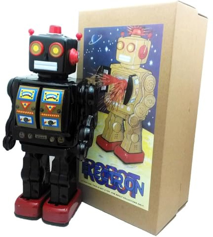 Charmgle Retro Tin Toys Walking Robot Electric Rotating Desk Robot with Gun Fire Sound Adult Collection Birthday Gifts Party Favor Handmade Robots Black