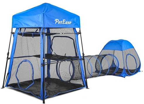 Catio Outdoor Cat Enclosure, 3-in-1 Extra Large Portable Cat Playpen with Tower Tent & Tunnel, Foldable Waterproof Mesh Catio for Indoor Outdoor Cats & Small Pets