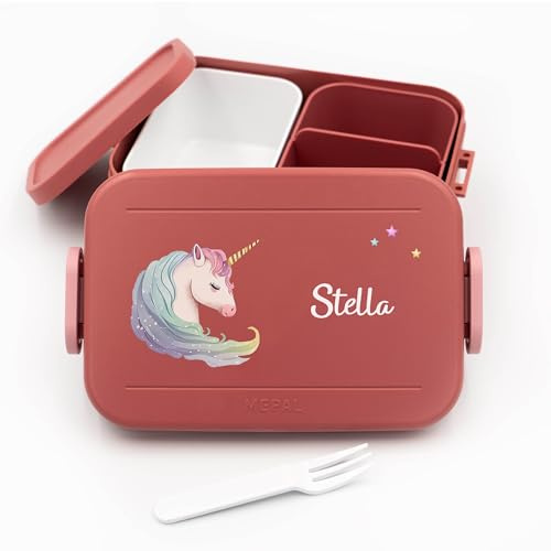 Geschenkfreude personalisierte Bento Box Kinder für Mepal - Einhorn | Schule, Kindergarten, Einschulung, für Mädchen, spülmaschinenfest, mit Fächern, Brotdose Kinder, Lunchbox Kinder, Vesperdose